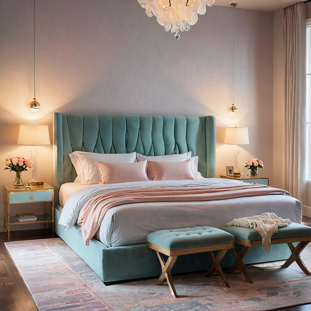 A serene bedroom scene featuring a luxurious waterbed, surrounded by a soft, calming atmosphere. Include elements like cozy bedding and a nightstand with a lamp, symbolizing safety and comfort. Incorporate visual metaphors for insurance, such as glowing shields or gentle waves representing protection. The image conveys a sense of confidence and tranquility for sleep investment. super-realistic. soothing pastel colors. warm lighting.
